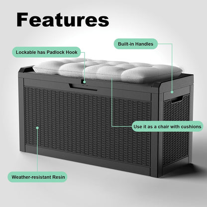 Vixzen 60 Gallon Outdoor Deck Box,Lockable Resin Waterproof Storage Box,UV Resistant,Weather Resistance,Outside Storage Bin for Gardening Tools,Pool Supplies,Black