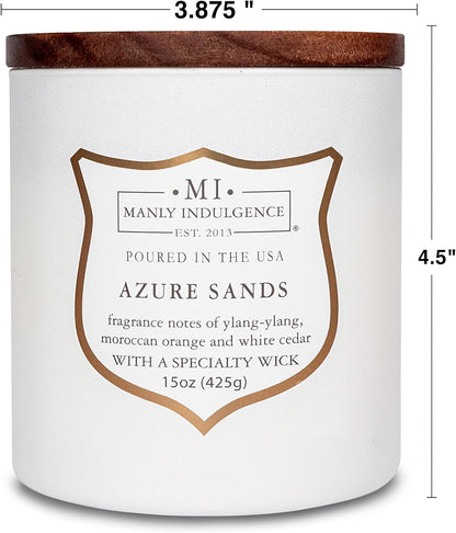 Manly Indulgence Azure Sands Scented Candles for Men, 15 oz Wooden Wick, Premium Soy Blend Wax, 60H Burn, Candles for Home Scented - Made in The USA