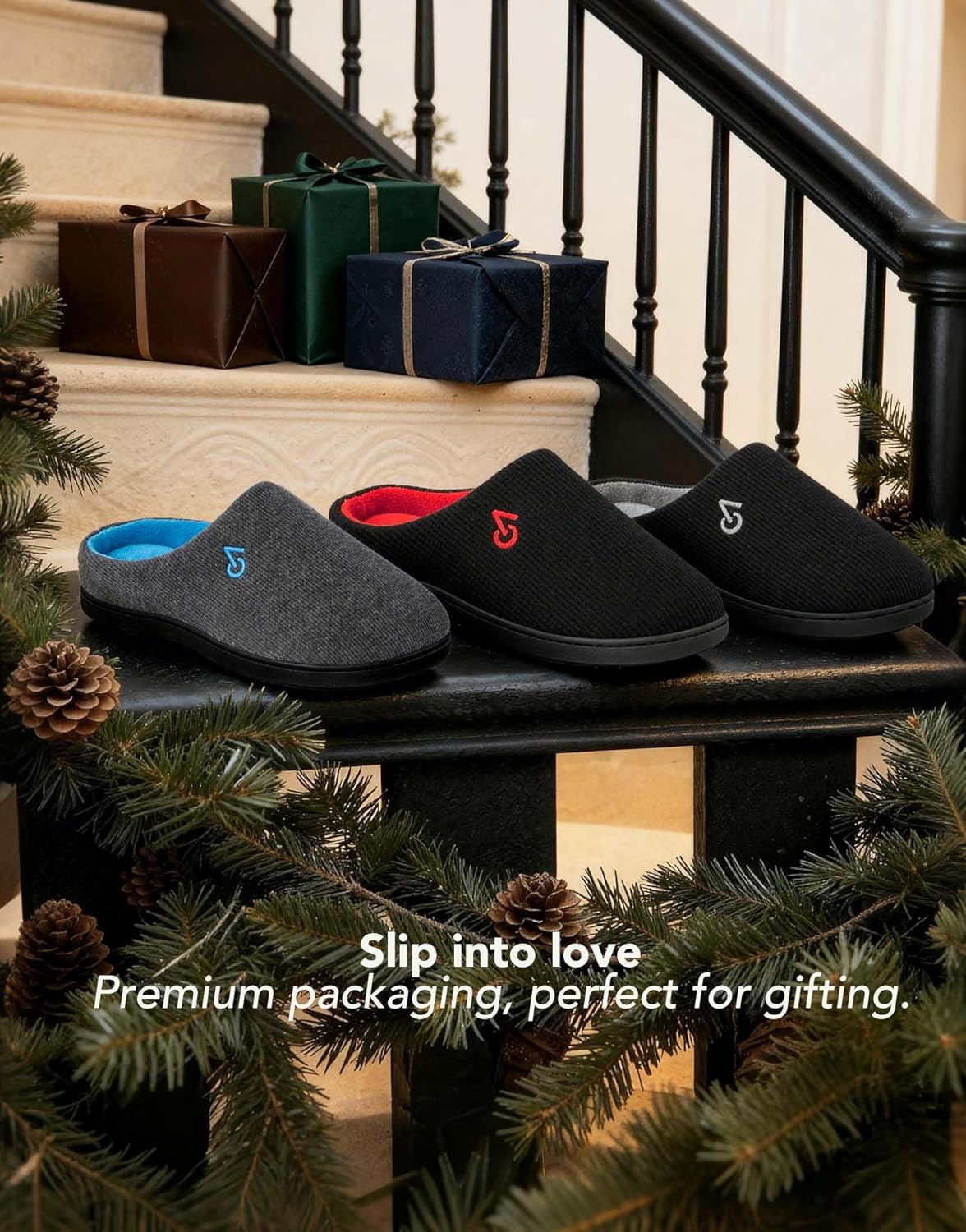 VeraCosy Men's Two-Tone Memory Foam House Slippers Indoor Outdoor Durable Rubber Sole