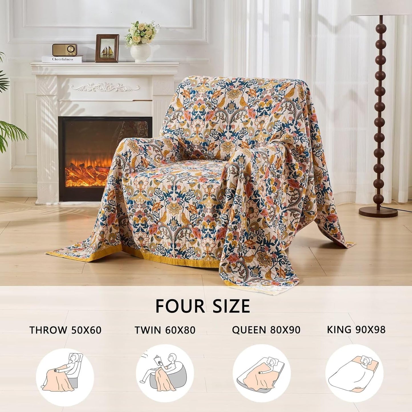 Boho Throw Blanket for Couch,100% Cotton Summer Blanket for Bed, Ultra Soft Rustic Quilt for Bed, Home Decor, Boho Picnic Blankets with Bird and Flowers for All Seasons,Twin 60"x80"