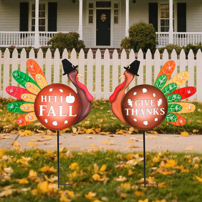 2 PCS Happy Fall Yard Signs Metal Thanksgiving Decorative Garden Stakes with Led Light Turkey Give Thanks Yard Stakes Fall Harvest Lawn Garden Lawn Pathway Decor