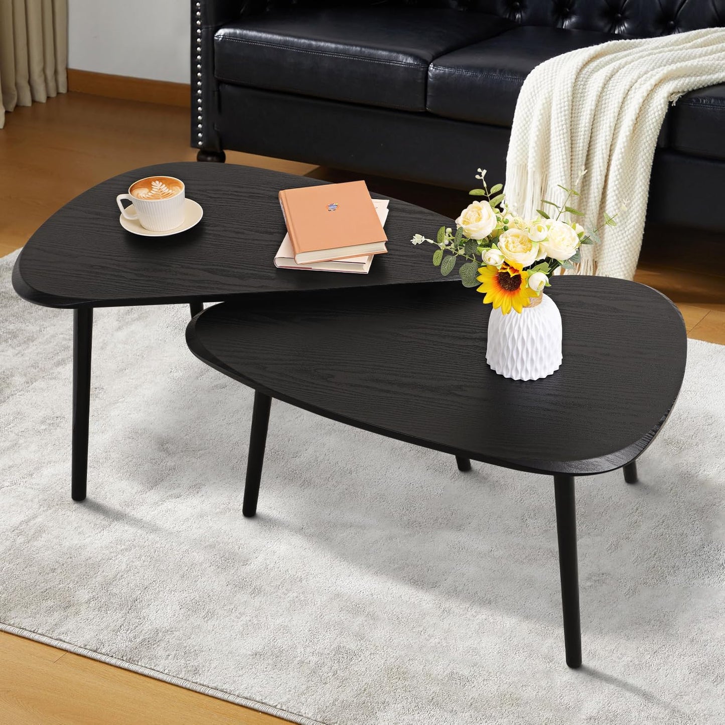 Black Nesting Coffee Tables Set of 2 End Bamboo Table for Living Room Bedroom Apartment Modern Industrial Simple Nightstand 32" D x 20" W x 18.5" H