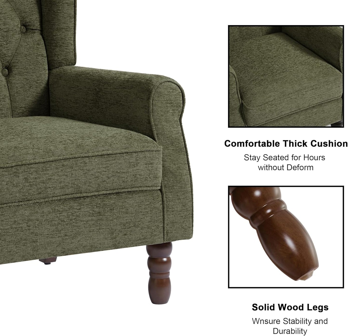 Accent Chair, Upholstered Armchair with Button Tufted High Back & Solid Wood Legs, Comfy Wingback Reading Single Sofa Chair for Small Spaces, Living Room, Bedroom (Green, Set of 2)