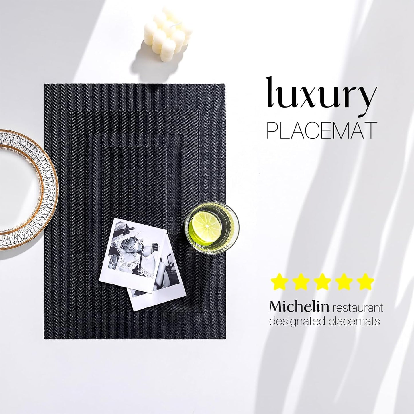 LEXMORE Placemats Set of 6 Vinyl/Plastic Woven Place Mats for Kitchen Table Indoor/Outdoor Washable Placemat Wipeable Dining Table Mats(Black Cube)