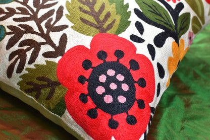 Red Polish Floral Pillow Cover Bird Flower Pillowcase Floral Outdoor Suzani Cushions Flowery Throw Chair Cushion Farmhouse Pillowsham Hand Embroidered Wool 18x18 Inch