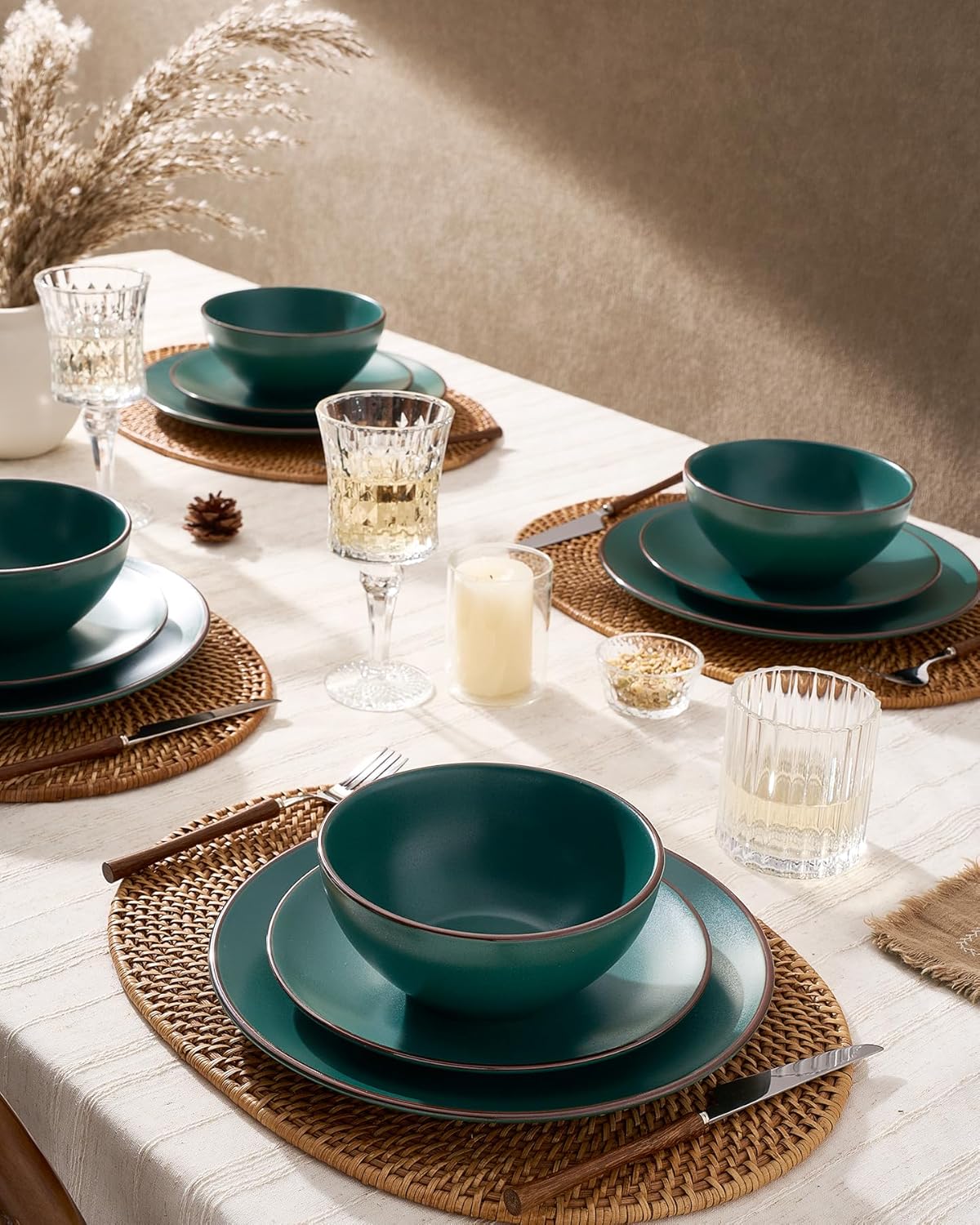 Famiware Venus Plates and Bowls Sets, 12 Pieces Stoneware Speckled Dinnerware Sets, Dishes Set for 4, Microwave and Dishwasher Safe, Matte Dark Green