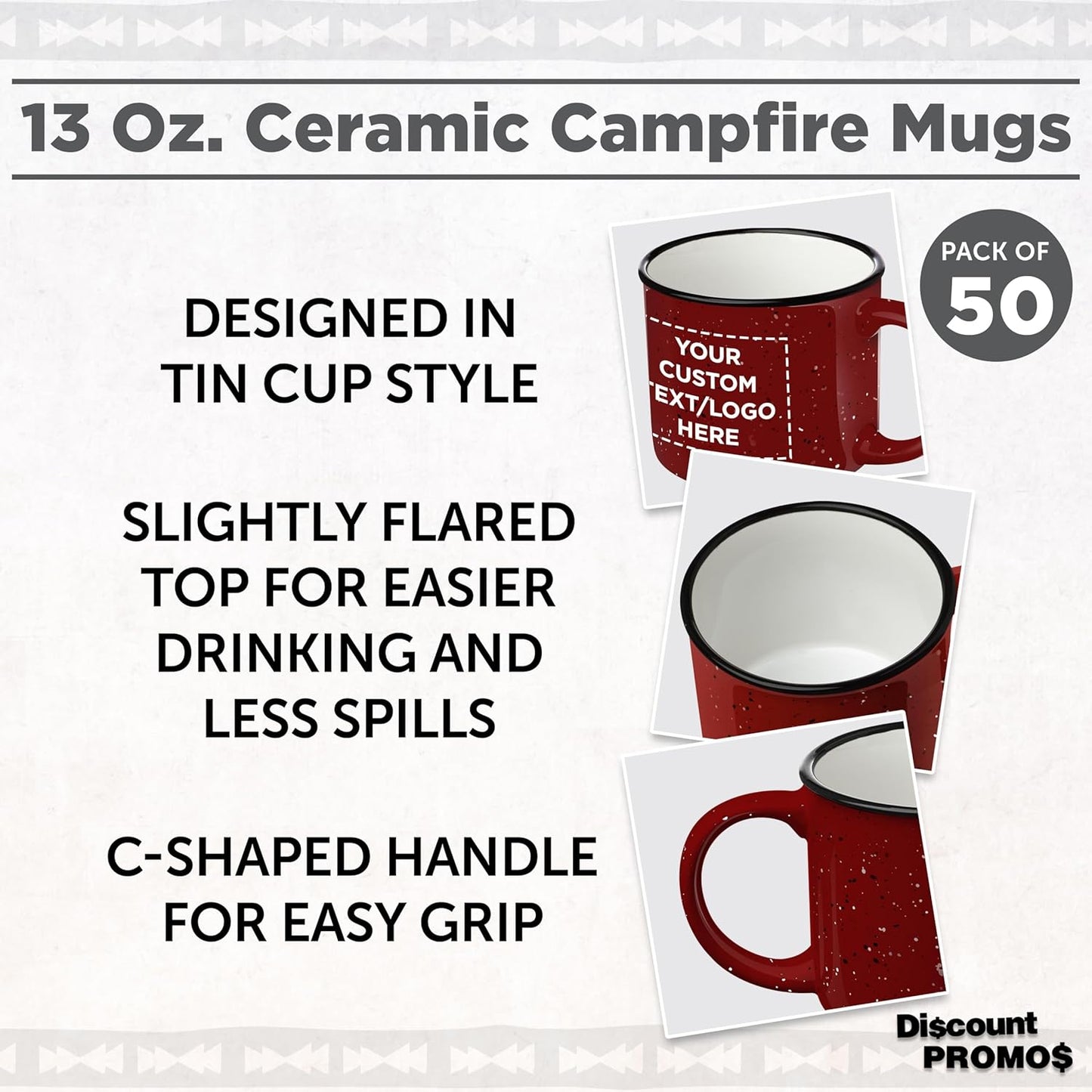 DISCOUNT PROMOS Custom Ceramic Campfire Coffee Mugs 13 oz. Set of 50, Personalized Bulk Pack - Perfect for Tea, Espresso, Cappuccino, Hot Cocoa - Red