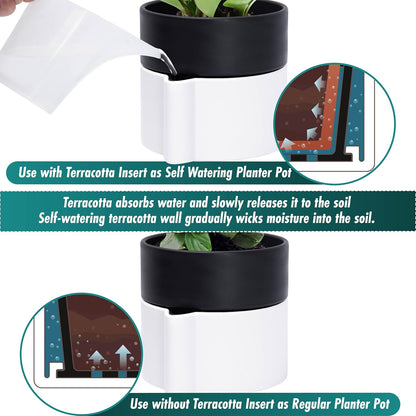 8 Inch Self-Watering Planter Pot with Terracotta Insert, Deep Water Reservoir, and Ceramic-Alike BPA-Free Plastic Planter Pot for Plant, Modern Planter for Houseplants, White/Black, 53-B-T-4