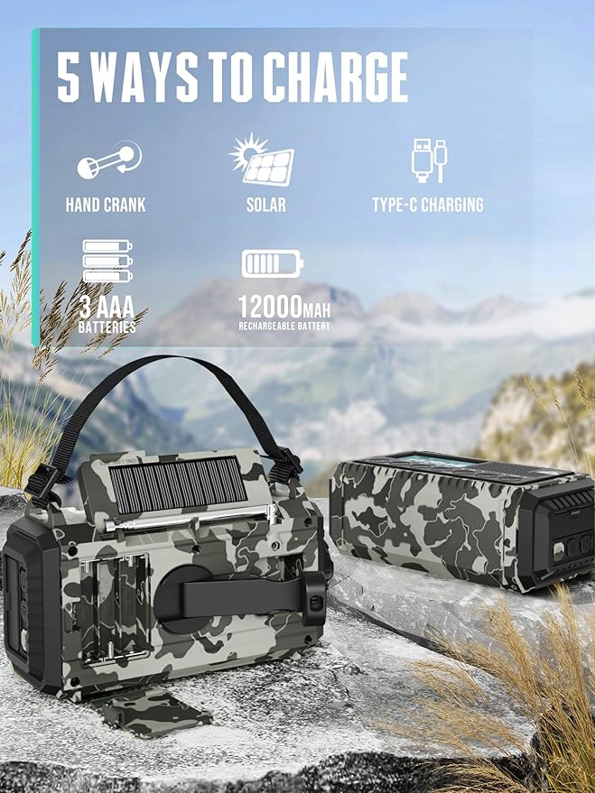 Hand Crank Solar Emergency Radio with 2X Faster Crank,Clear Signal& 12000mAh Battery Operated,Auto NOAA Weather Alert/SW/AM/FM Portable Radio with 6-Way Power,Flashlight, Phone Charger,SOS Alarm