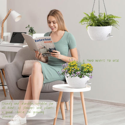 12 Inch Hanging Baskets 2 PC with Chains, Self-Watering Hanging Planters for Indoor Outdoor Plants, Plastic Hanging Flower Pots,Speckled White