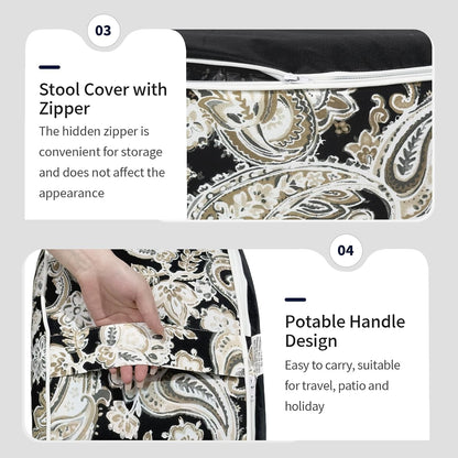 Inflatable Ottoman Stool D21 xH9 for Outdoor/Indoor Use, Water Repellent Patio Foot Rest Stool with Portable Handle,Round Pouf Ottoman Suitable for Garden,Deck and Camping - Paisley Black