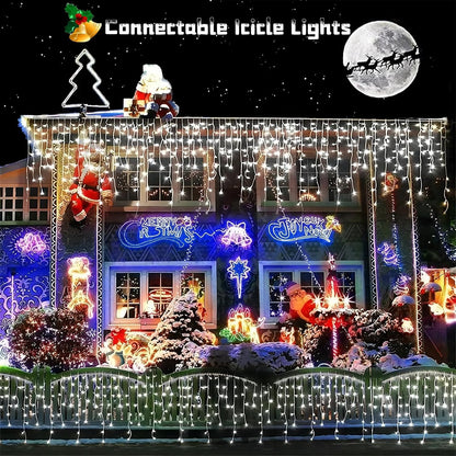 YEGUO 33ft 400 LED Icicle Lights Outdoor, 80 Drops Icicle Christmas Lights Connectable, 8 Modes White Icicle String Lights with Timer Memory Indoor