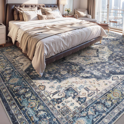 AMOAMI-Area Rug 8X10 Rugs for Living Room-Vintage Soft Blue Rugs for Bedroom-Non Slip Carpet-Washable Rug for Dining Room Living Room Bedroom Office Under Table
