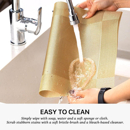 LEXMORE PlaceMats Set of 12 Vinyl/Plastic Woven Place Mats for Kitchen Table Indoor/Outdoor Washable PlaceMat Wipeable Dining Table Mats(Gold Cube)