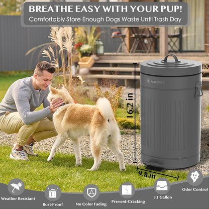 PAWZIDEA Dog Poop Trash Can Outside Odor Control, 3.1Gallon Large Pet Poop Can Outdoor with Lid No Smell, Waterproof Pet Waste Trash Can, Dog Waste Station Step Garbage Can Bin Container Backyard,Grey
