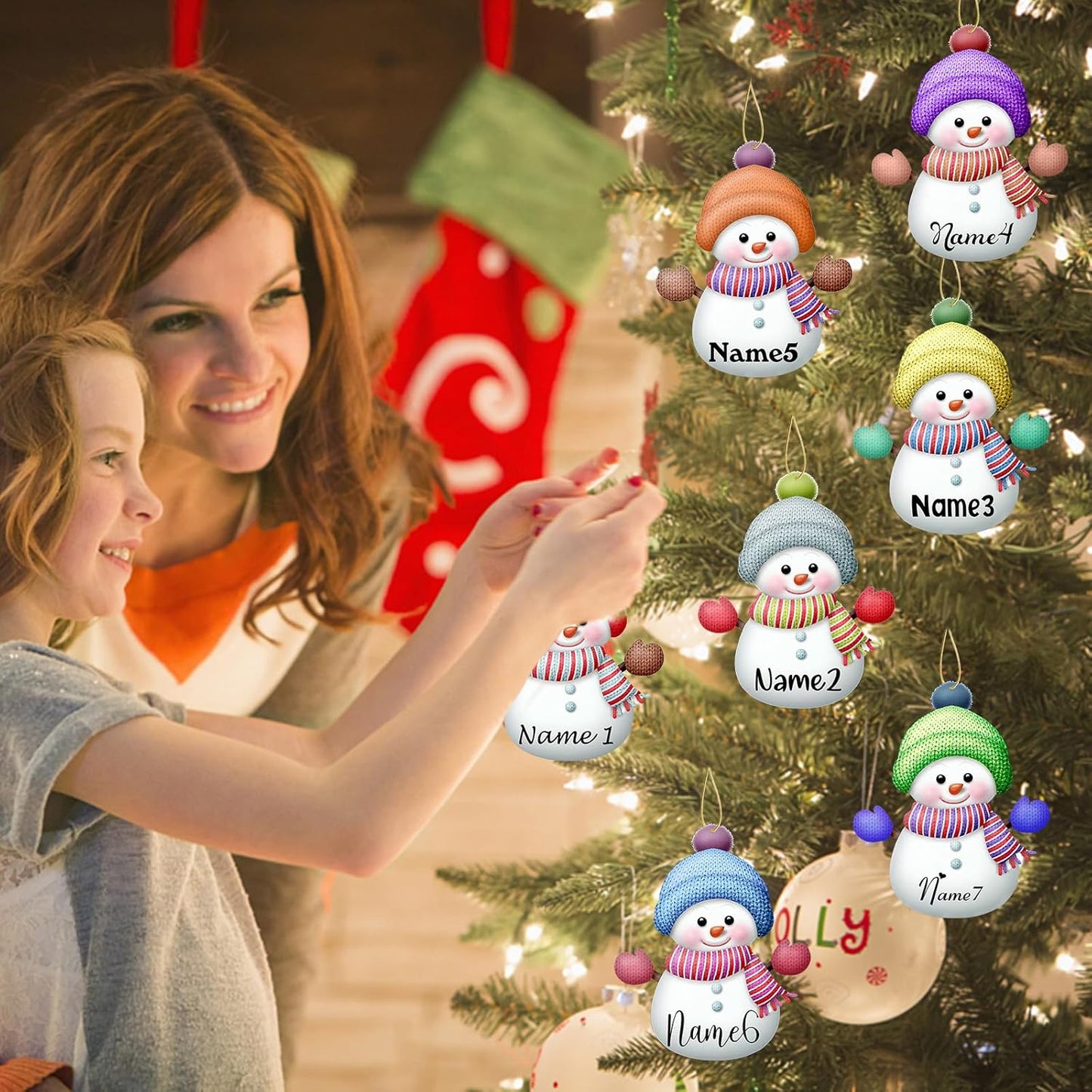 Personalized Christmas Ornaments with Names Snowman Custom Family Ornament Customized Xmas Tree Hanging Wood Decoration Gift 3.15"（8cm） Red