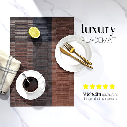 LEXMORE PlaceMats Set of 12 Vinyl/Plastic Woven Place Mats for Kitchen Table Indoor/Outdoor Washable PlaceMat Wipeable Dining Table Mats(Ombre Brown Black)