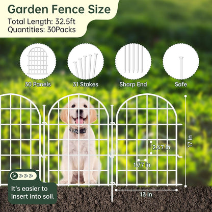 32.5ft(L) x 22in(H) Panels Garden Fence, 30 Panels Arched No Dig Fence, Decorative Animal Barrier Fencing with Ground Stake, Rustproof Metal Garden Edging Border for Dog, Outdoor Patio Decor, White