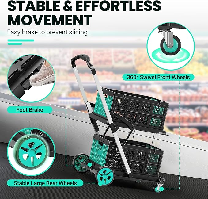 Collapsible Shopping Cart, 8-in-1 200LBS Multi Functional Utility Cart with 2 Storage Crate, Adjustable Handle Grocery Cart on Wheels for Shopping/Warehouse/Office/Supermarket - Blue