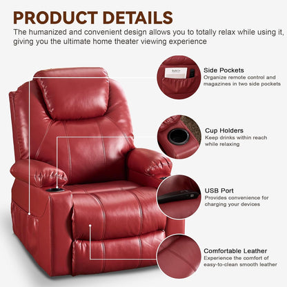 SALOHZA Power Lift Recliner Chair for Elderly with Massage and Heat for Living Room, Electric Recliner Chair for Adults with USB/Type C Port/Cup Holders, PU Faux Leather, Red