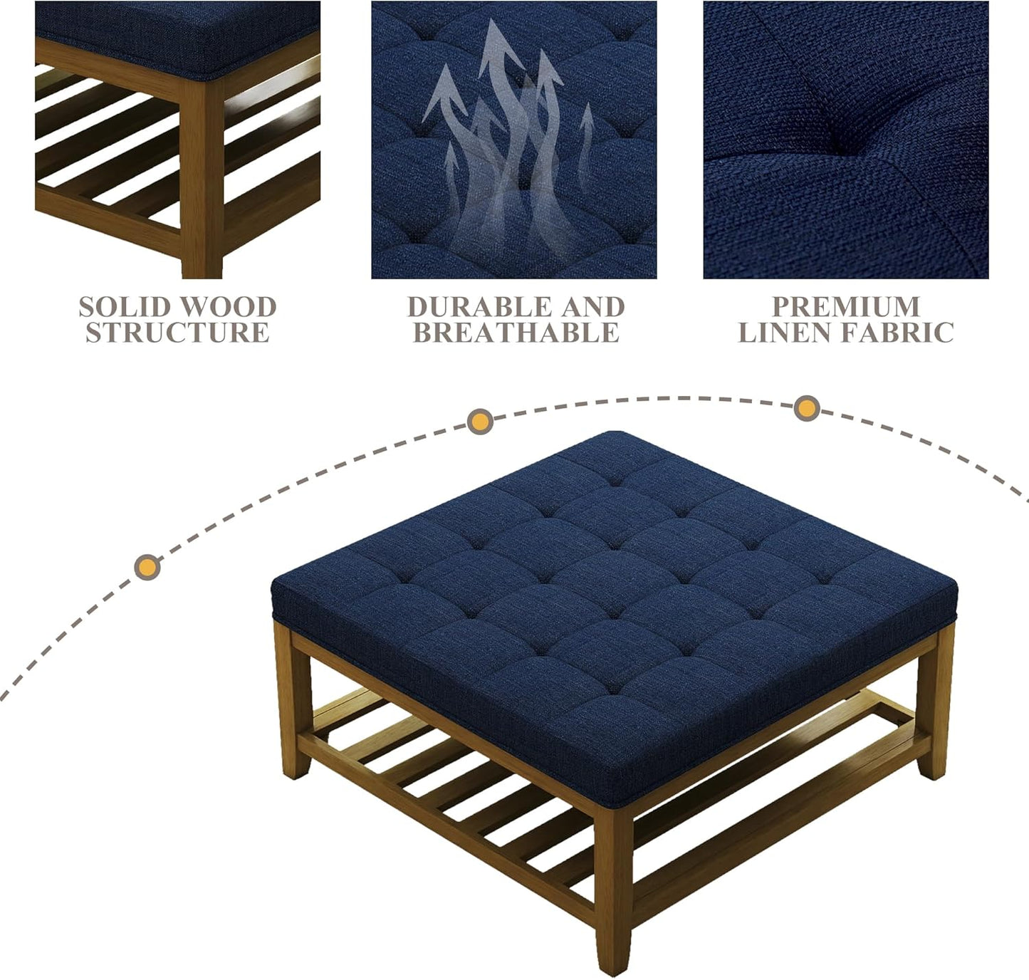 Large Square Ottoman Coffee Table, Linen Solid Upholstered Footrest Ottoman with Solid Wood Shelf Storage Tufted Coffee Table for Bedroom Living Room, Navy Blue
