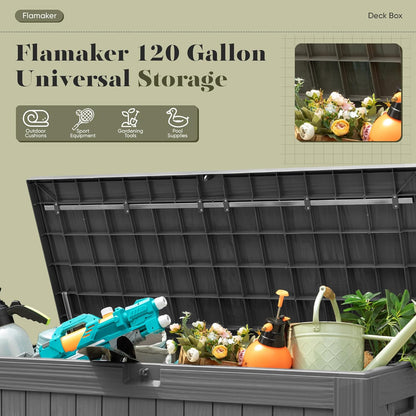 Flamaker Resin Deck Box 120 Gallon Waterproof Large Outdoor Indoor Storage Box Imitation Wood Resin for Patio Furniture Garden Tools and Pool (Gray)