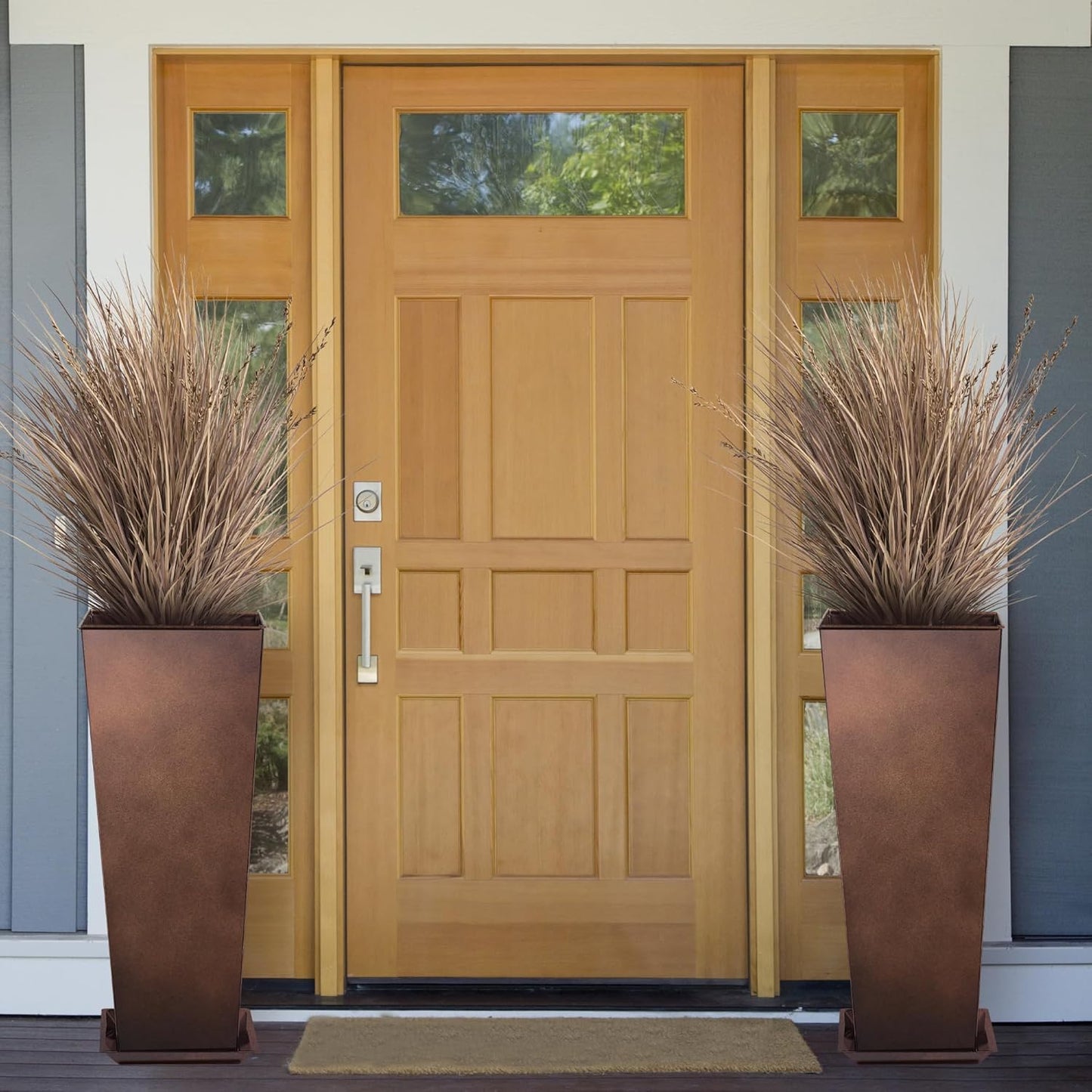 KOL 25'' & 28'' Tall Galvanized Steel Planter with Saucer, Metal Planter Pots for Indoor & Outdoor Use, Decorative Flower Plant Pots with Drainage Hole for Front Porch, Patio, Deck - Rust Color