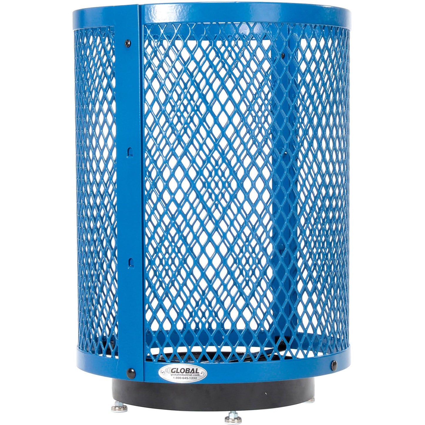 Global Industrial Outdoor Diamond Steel Trash Can with Rain Bonnet Lid, Raised Base and Plastic Liner, 36 Gallon Capacity, Blue, Thermoplastic Coating, 23-1/2" Diameter, 43-1/2"H