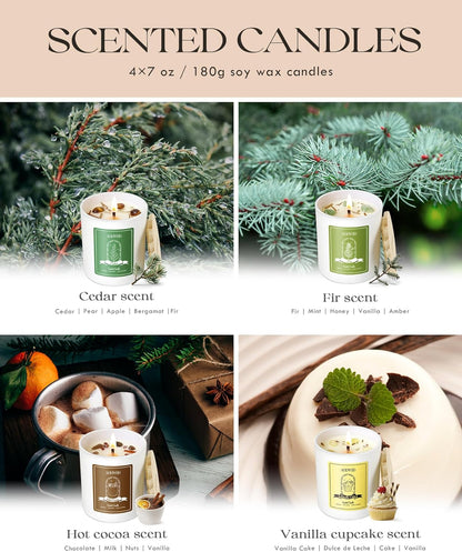 AOOVOO Winter Candles Set for Women - 4 Pack Candles for Home Scented, Aromatherapy Candle with Crystals, 28 oz 200 Hour Long Lasting Candle, Winter Fragrance of Cedar, Fir, Hot Cocoa, Vanilla Cake