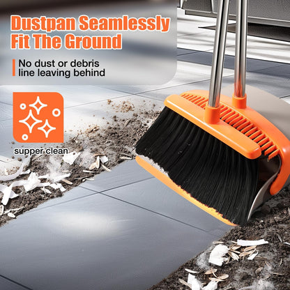 Broom and Dustpan Set, Upgraded Large Broom with Dustpan Combo Set with 56" Tall Adjustable Handle, Self-Cleaning Teeth, Upright Standing Dust Pan for Heavy Duty Indoor Outdoor Cleaning and Pet Hair