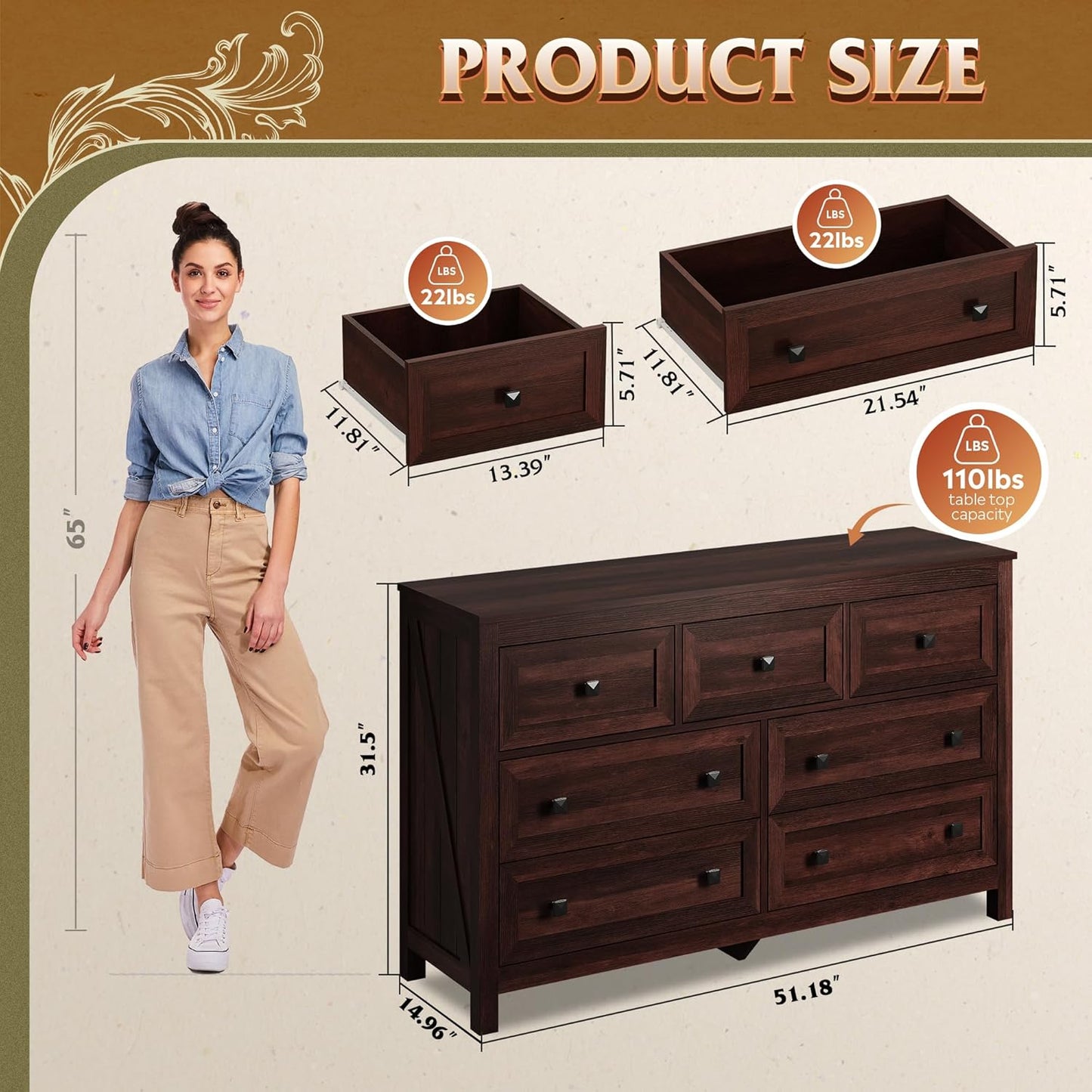 WLIVE Farmhouse Dresser for Bedroom, 51.18'' Wide 7 Drawer Wood Dresser, TV Stand for 65 inch TV, Wooden Chest of Drawers for Bedroom, Modern Clothes Organizer for Living Room, Hallway, Rustic Brown