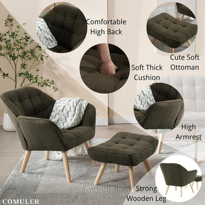 Green Sherpa Accent Chair with Ottoman ，Modern Reading Chair with Ottoman Set, Comfy Fuzzy Armchair Living Room Chair Lounge Chair with Wood Legs for Small Spaces Bedroom Apartment