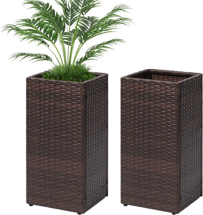 LEWIS&WAYNE Set of 2 Tall Planters for Outdoor Plants Handmade 24'' Wicker Tall Square Planter Box with Removable Liners Modern Planter for Indoor Outdoor Garden Patio Front Porch - Brown