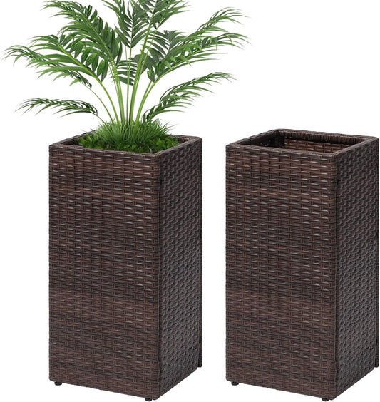 LEWIS&WAYNE Set of 2 Tall Planters for Outdoor Plants Handmade 24'' Wicker Tall Square Planter Box with Removable Liners Modern Planter for Indoor Outdoor Garden Patio Front Porch - Brown