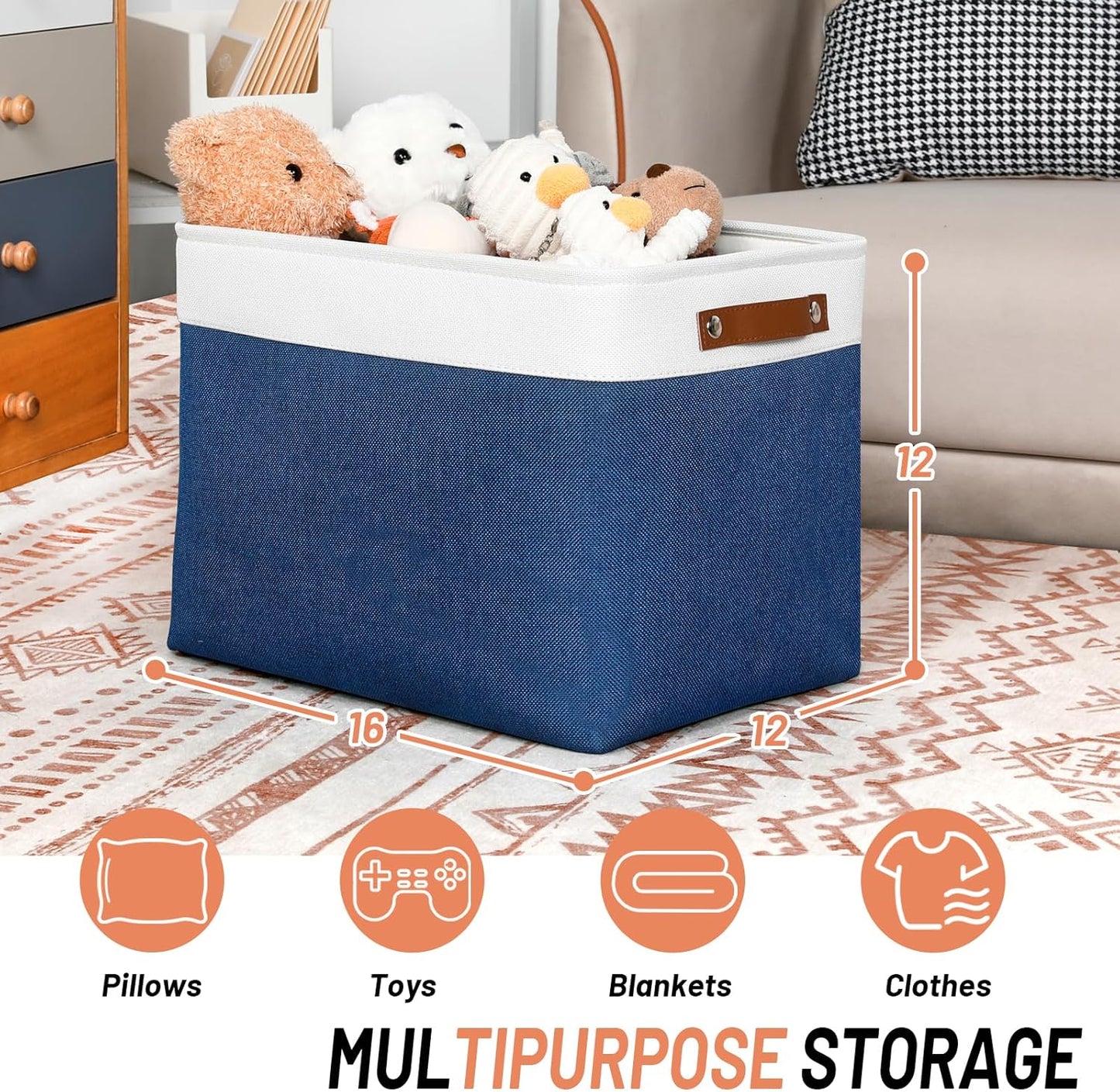 DULLEMELO Large Storage Baskets, Fabric Storage Bins for Organizing Foldable Linen Shelf Baskets for Clothes, Toys, Closet, Laundry (White&Blue,16"x12"x12"-1 Pack)