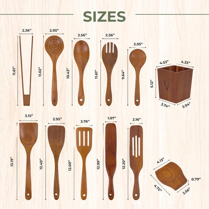 Vasilek Wooden Cooking Utensils Set – 12-Piece Acacia Wood Kitchen Utensil Set with Square Holder & Spoon Rest, Non Toxic Wooden Tools for Nonstick Cookware, Spatula, Ladle, Serving Spoon