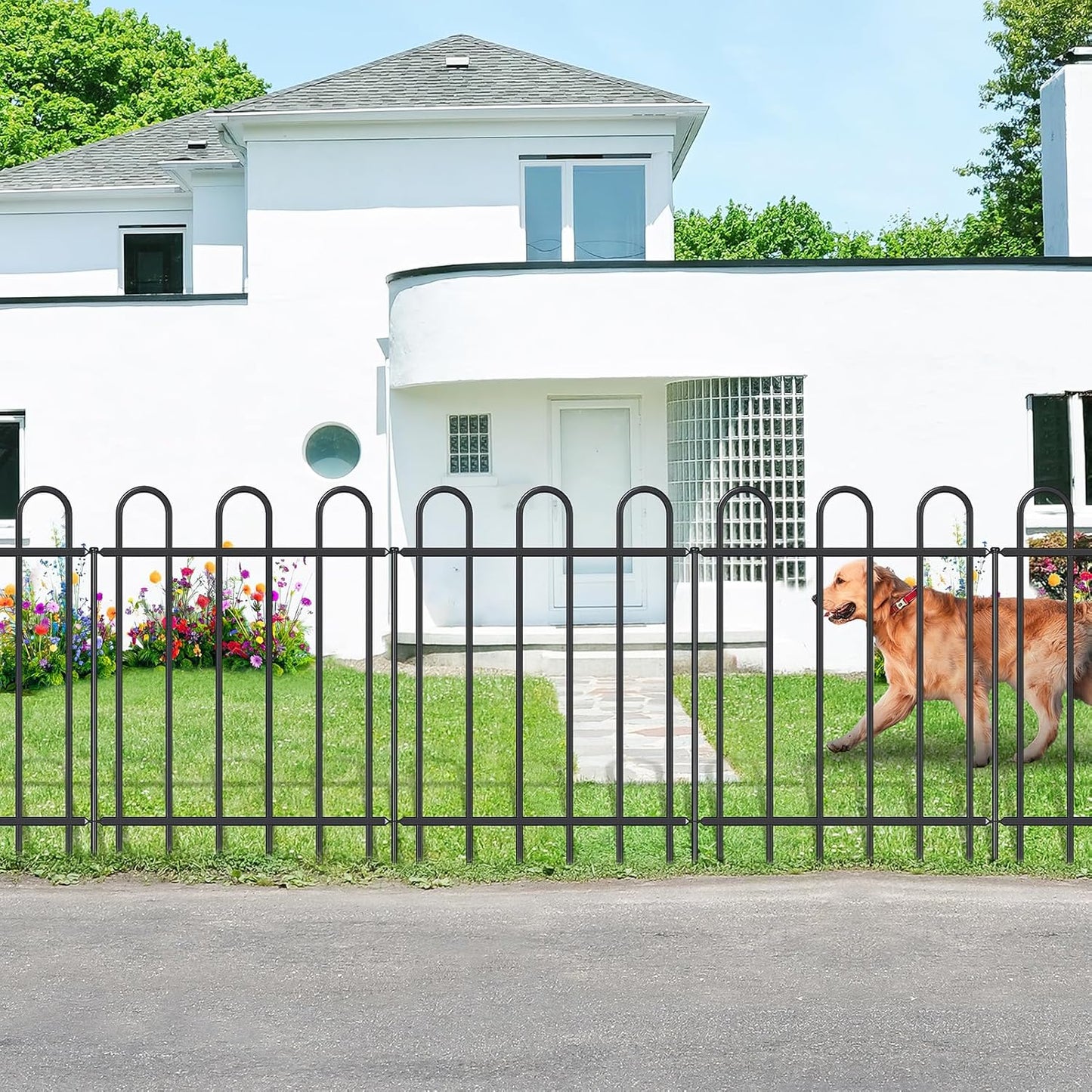 Metal Garden Fence 30 in H x 16 ft L, No dig Garden Border Yard Fencing, Dog Fence Outdoor Temporary Animal Barrier for Flower Bed Lawn and Patio, 8 Panels + 9 Stakes Black