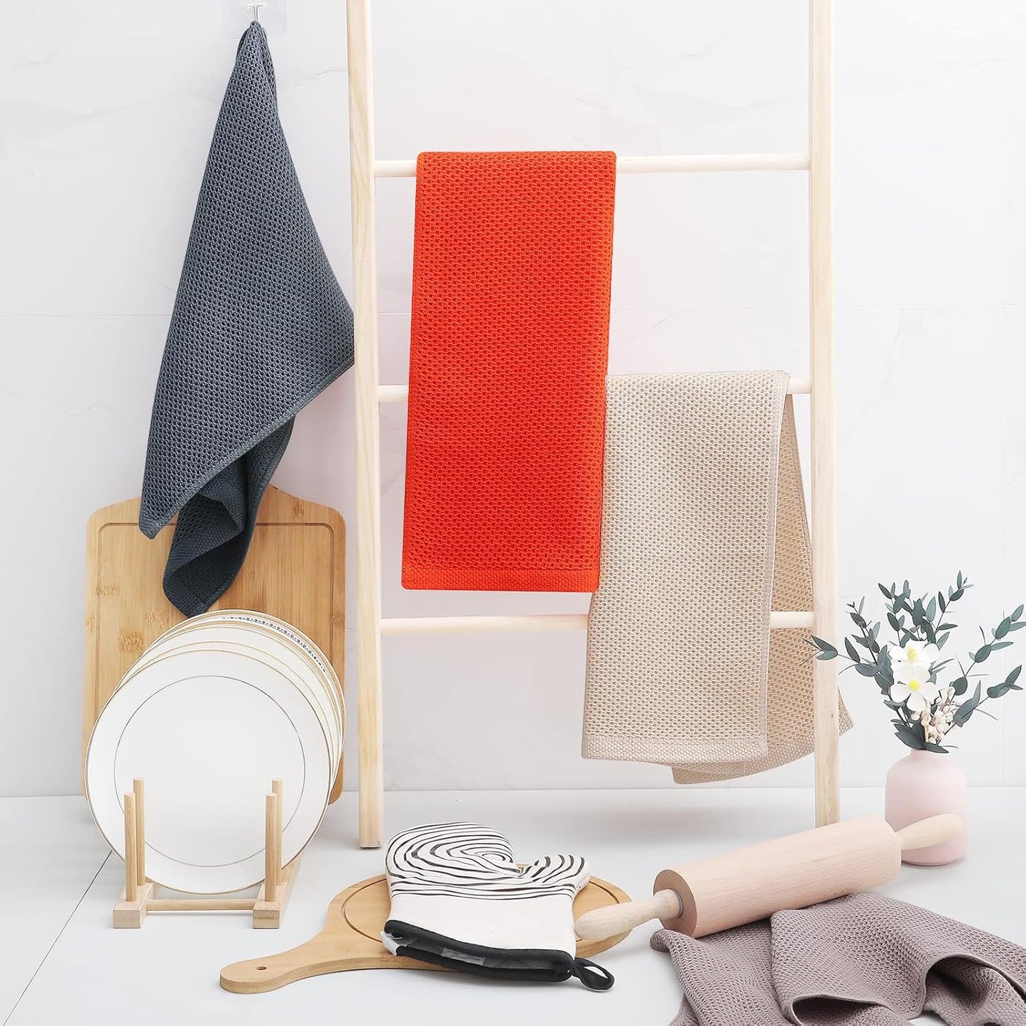 Homaxy 100% Cotton Waffle Weave Kitchen Dish Towels, Ultra Soft Absorbent Quick Drying Cleaning Towel, 13 x 28 Inches, 6-Pack, Beige