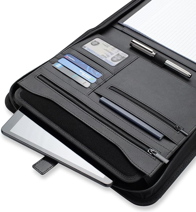 Forevermore Portfolios Padfolio Binder - Professional Faux Leather Travel Organizer Pouch for Tablet, Documents, Presentation Folders, Zipper Closure, Notepad - Black