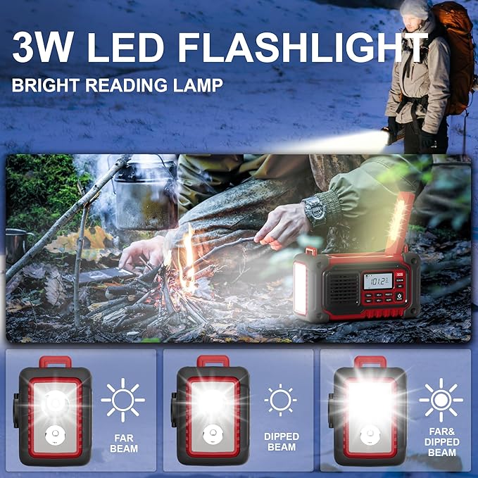 Emergency Weather Radio, AM/FM/SW/NOAA Hand Crank Radio with 10000mAH/37000mWh Portable Large Capacity, USB/Solar/Hand Crank Charging, AAA Battery Operated, SOS Alarm & Flashlight