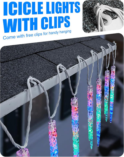 Minetom Icicle Lights Outdoor with Clips, 20ft 100 LED 20 Tubes Twinkling Crystal Icicle String, Connectable Waterproof Hanging Christmas Lights Plug in for Eave Outdoor, Multicolor