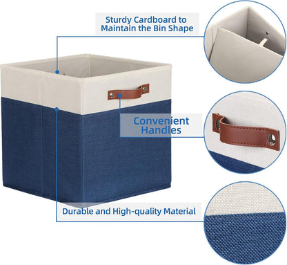 Temary Fabric Storage Bins for Cube Organizer 4 Pack Cube Storage Bins 13 Storage Cubes for Shelves Storage Baskets for Organizing Books, Clothes, Towels (White & Blue, 13x13x13 Inch)