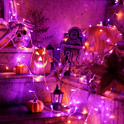 JMEXSUSS 33 FT 100 LED Halloween String Lights Indoor, Orange and Purple Halloween Lights Clear Wire, 8 Modes Outdoor Waterproof Christmas String Light Plug in