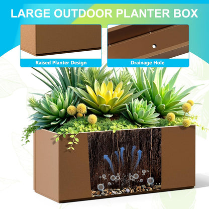 FENCY Large Metal Planter, Large Rectangular Planters for Outdoor Plants, Tall Outdoor Planters for Porch Patio, 38" L x 15" W x 16.3" H Brown Metal Planter with Drainage Hole