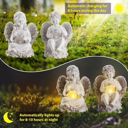 2 Pack Outdoor Angel Statue Garden Decor, Classic Solar Angel Figurine Decoration for Yard Art Indoor Porch Home Lawn Outside Light up Cherub Sculpture Guardian Wings Memorial Gifts