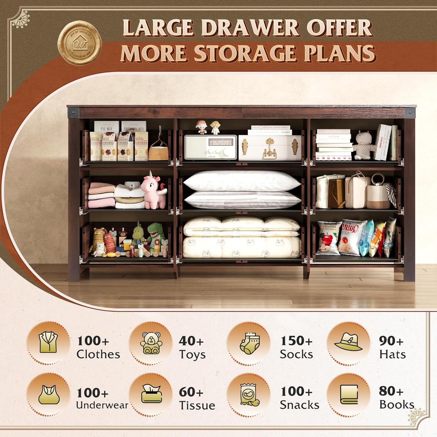 WLIVE Farmhouse Dresser for Bedroom, 63" Wide 9 Drawer Dresser Storage Organizer, Wood Chest of Drawers for Bedroom, TV Stand for 70 inch TV for Living Room, Hallway, Ball Bearing Slide (Brown)