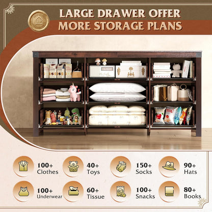 WLIVE Farmhouse Dresser for Bedroom, 63" Wide 9 Drawer Dresser Storage Organizer, Wood Chest of Drawers for Bedroom, TV Stand for 70 inch TV for Living Room, Hallway, Ball Bearing Slide (Brown)