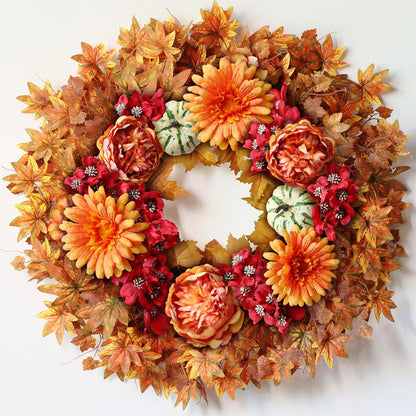 26" Fall Wreath for Front Door - Large Artificial Maple Leaves Fake Silk Peony Faux Pumpkin Outdoor Wreath for Porch, Window,Farmhouse,Home,Thanksgiving Day Harvest Festival Autumn Decor