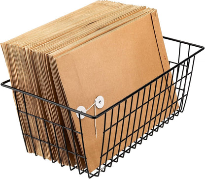 Slideep Farmhouse Large Wire Organizer Storage Bins Freezer Food Storage Basket for Kitchen Cabinets, Office, Bathroom, Pantry Organization Storage Bins Rack with Handles, 2 Pack, Black