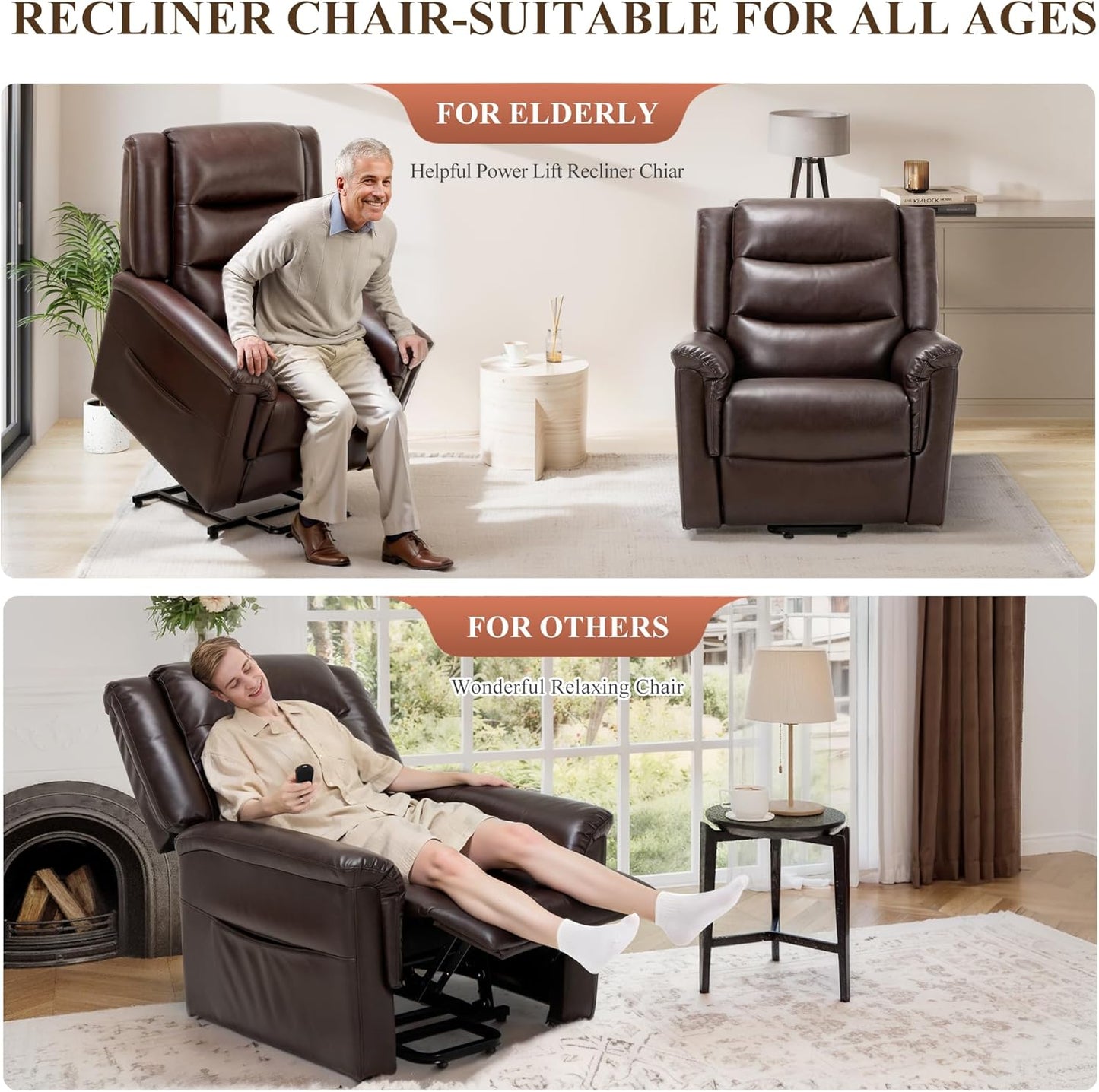 COLAMY PU Leather Power Lift Chair with Massage and Heat,Electric Lift Recliner Chair with Thick Cushioned Padding Backrest for Living Room, Office, Bedroom -Darkbrown